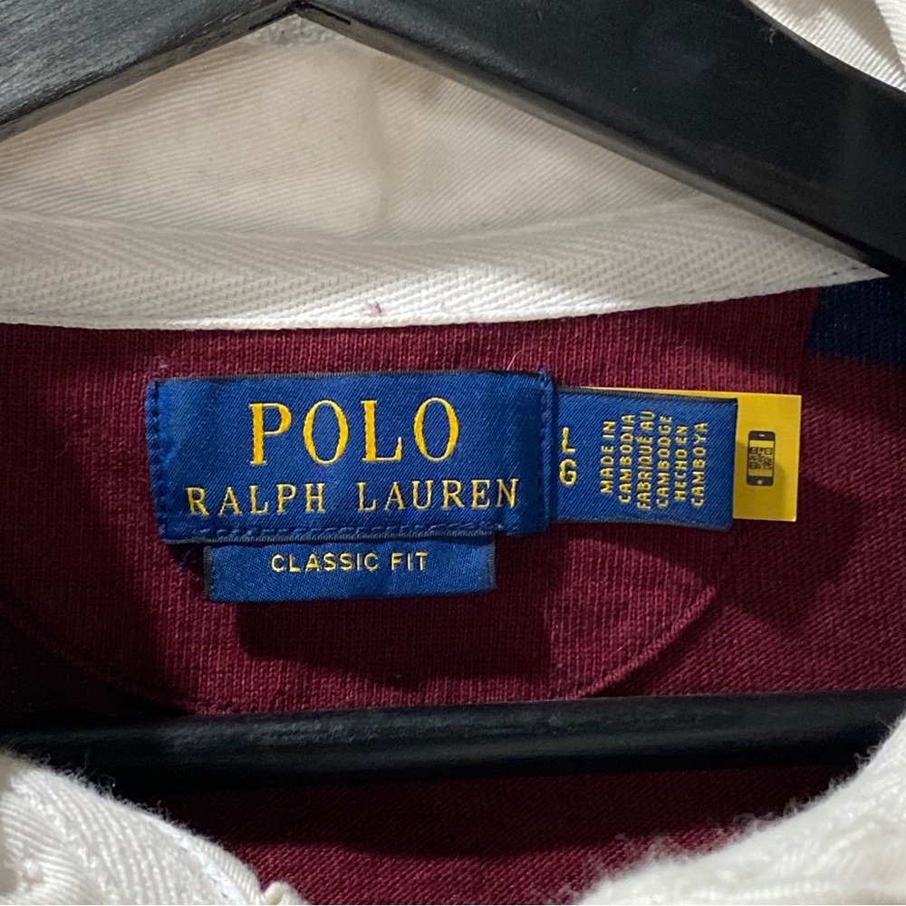 Polo Ralph Lauren Rugby Shirt Long Sleeve Burgundy Navy Blue Stripe Size Large - Picture 4 of 8